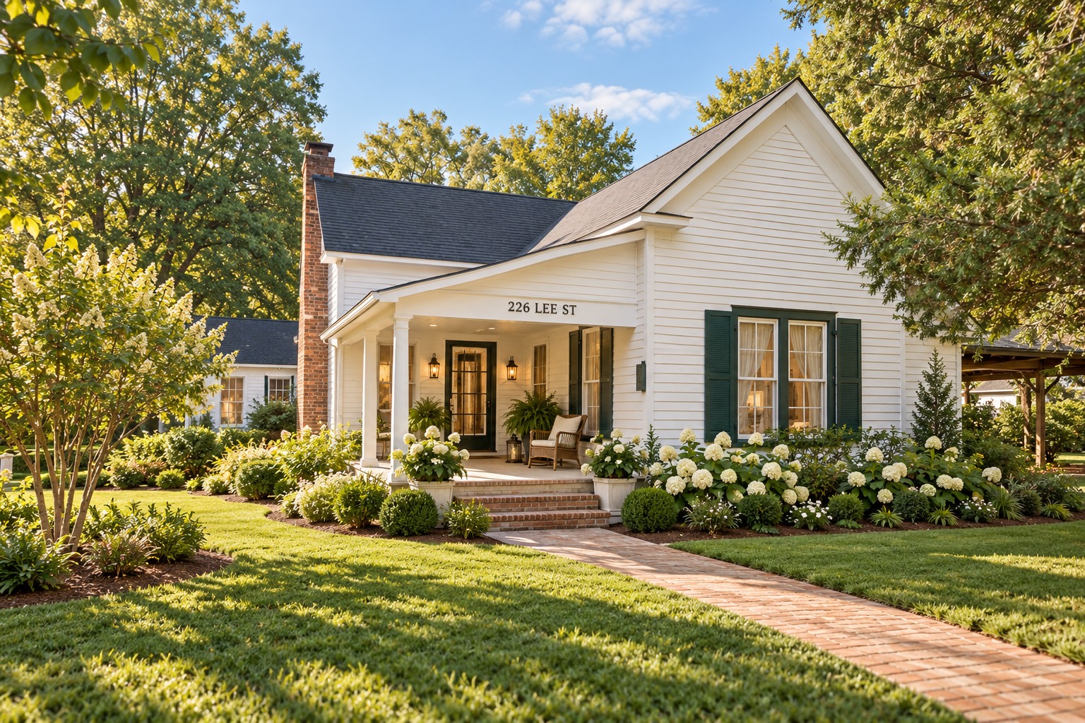 Conceptual AI inspiration showing imagined exterior restoration and landscaping for the existing white farmhouse at 226 Lee Street