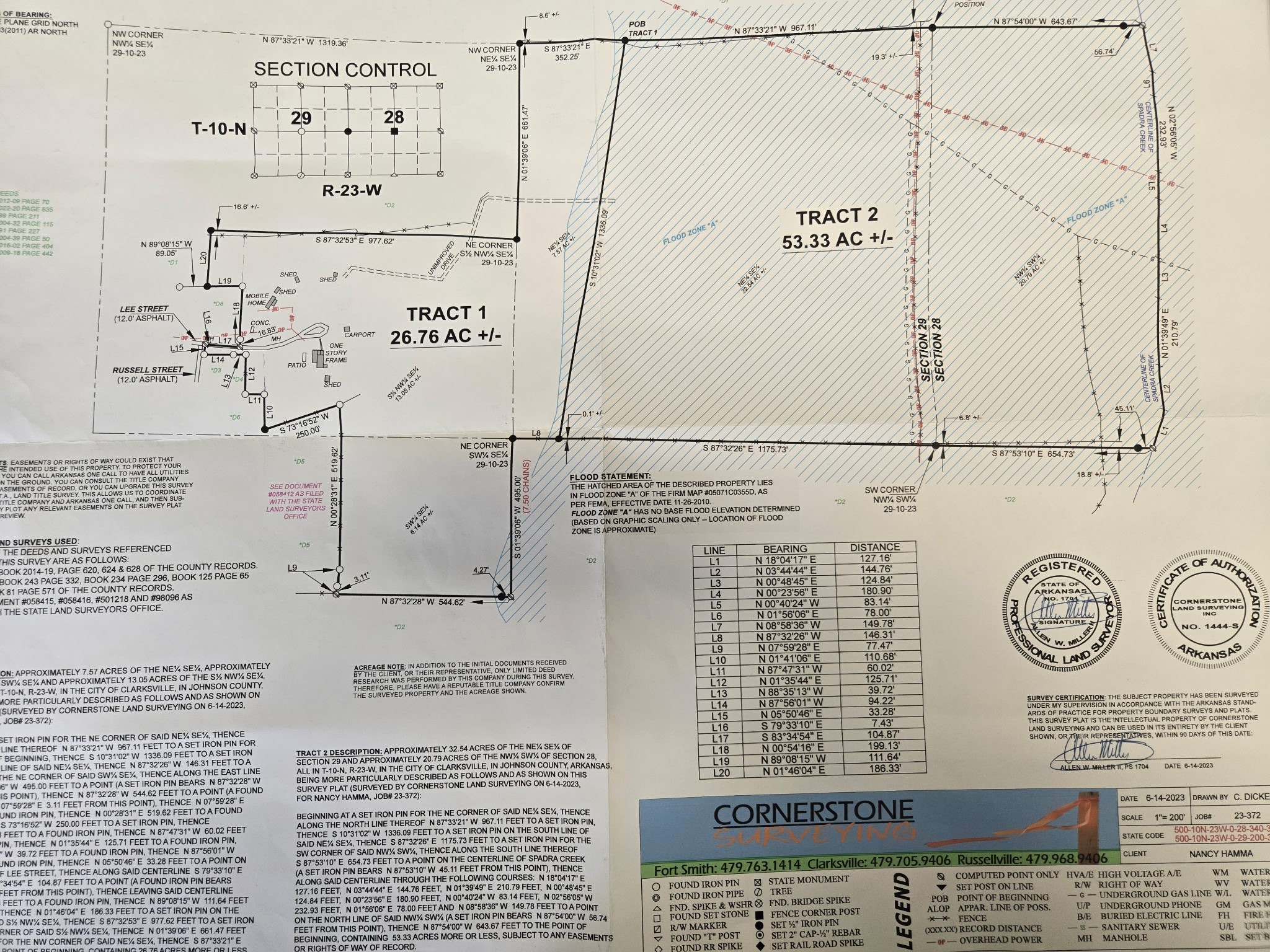 Actual June 14, 2023 Cornerstone survey showing Tract 1 at 26.76± acres, Tract 2 at 53.33± acres, improvements, road access, creek and approximate flood-zone markings